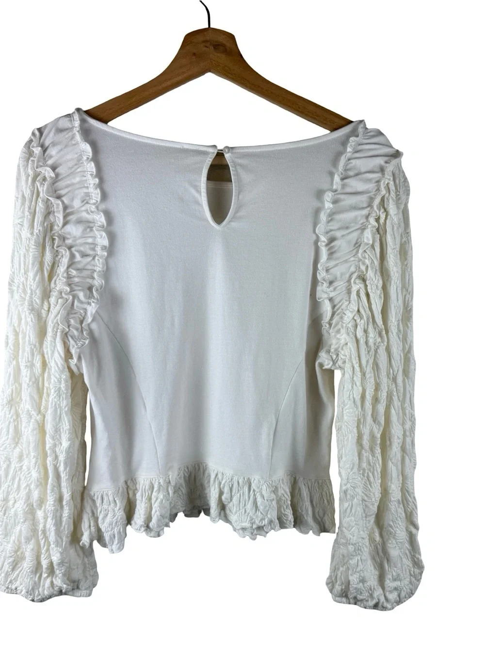 Free People Olivia Contrast Stitch White  Puff Sleeve Top size XL Boho Coquette